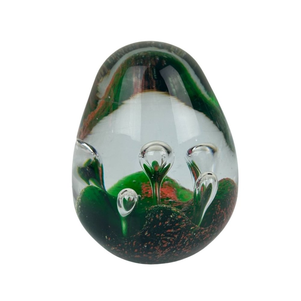 Art Glass Egg Shaped Paperweight Green Orange Controlled Bubble Office Decor